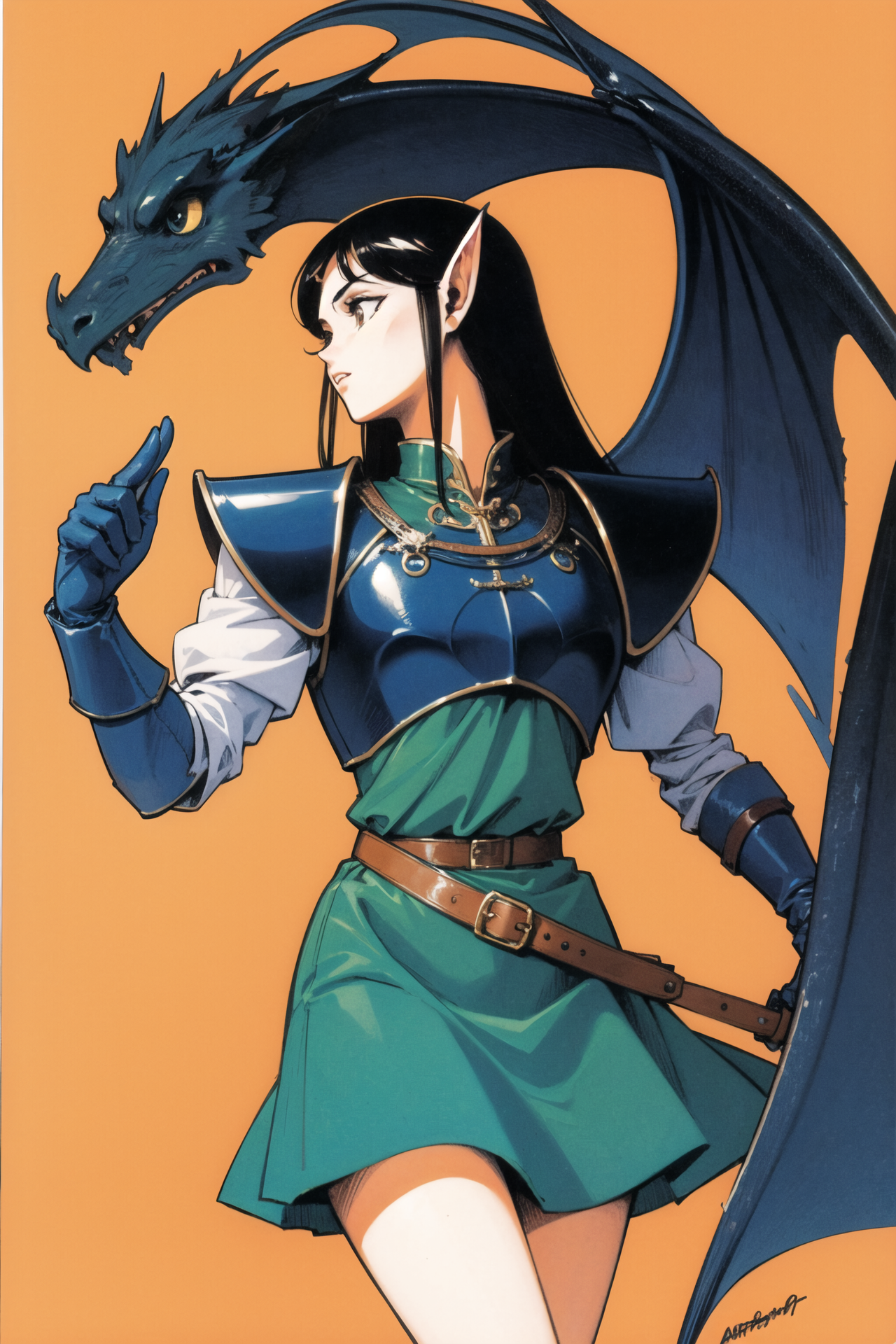 16553-352879098-1girl,  pointy ears, retro artstyle, long hair, dragon, belt, armor, traditional media, black hair, dress, skirt, _lora_Deedlit_.png